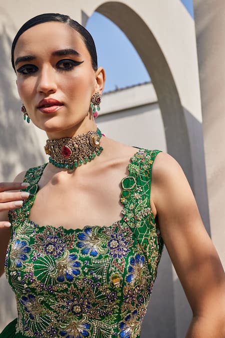 Buy Anu Pellakuru Emerald Green Chiffon, Silk Sequins Square Neck Embroidered Anarkali Buy_Anu Pellakuru_Emerald Green Chiffon, Silk Sequins Square Neck Embroidered Anarkali