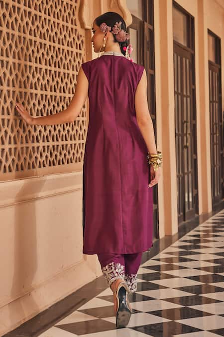 Anu Pellakuru Wine Silk Embroidered Kurta Set 