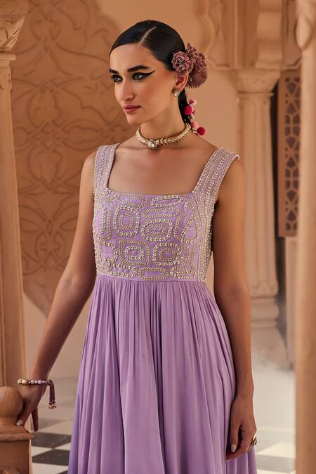 Anu Pellakuru_Lavender Silk, Chiffon Embroidery, Beads Square Neck Raw Anarkali _Online_at_Aza_Fashions