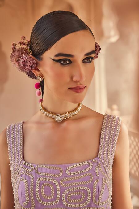 Buy_Anu Pellakuru_Lavender Silk, Chiffon Embroidery, Beads Square Neck Raw Anarkali _Online_at_Aza_Fashions