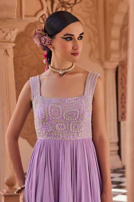 Shop_Anu Pellakuru_Lavender Silk, Chiffon Embroidery, Beads Square Neck Raw Anarkali _Online_at_Aza_Fashions