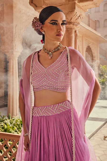 Buy Anu Pellakuru Pink Silk, Chiffon, Organza Beads, Embroidery Light Candy Fusion Lehenga Set Online at Aza Fashions Buy_Anu Pellakuru_Pink Silk, Chiffon, Organza Beads, Embroidery Light Candy Fusion Lehenga Set _Online_at_Aza_Fashions