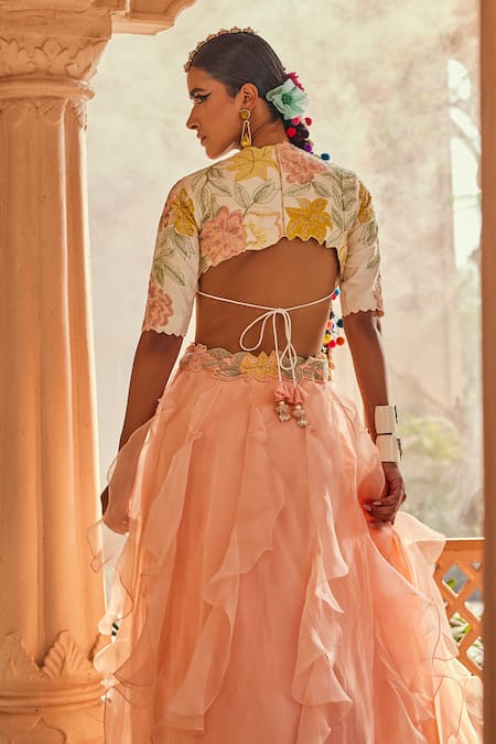 Anu Pellakuru_Off White Silk, Organza Embroidery Round Neck Peach And Fusion Lehenga Set _Online_at_Aza_Fashions