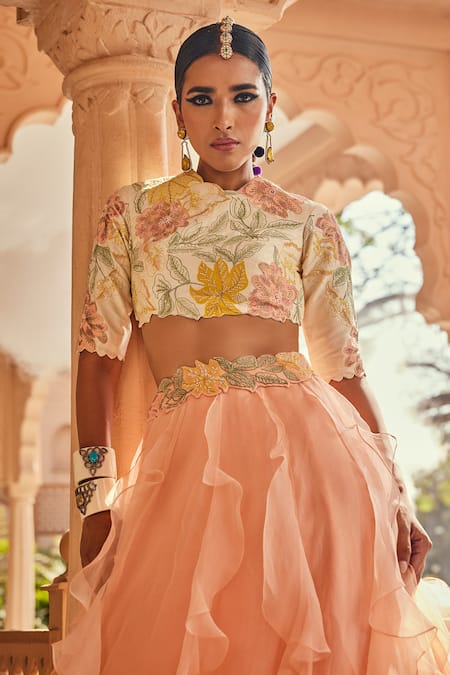 Buy_Anu Pellakuru_Off White Silk, Organza Embroidery Round Neck Peach And Fusion Lehenga Set _Online_at_Aza_Fashions