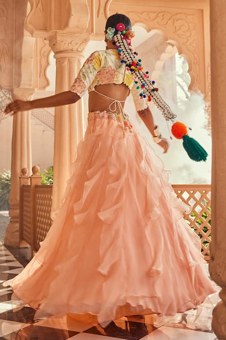 Shop_Anu Pellakuru_Off White Silk, Organza Embroidery Round Neck Peach And Fusion Lehenga Set _Online_at_Aza_Fashions