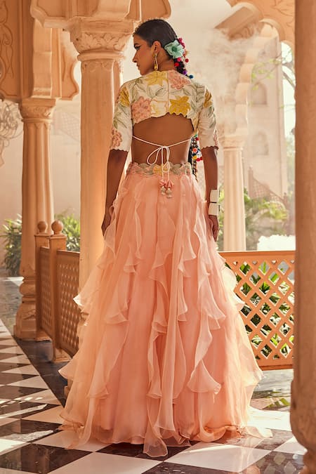 Anu Pellakuru Peach & Off White Fusion Lehenga Set 