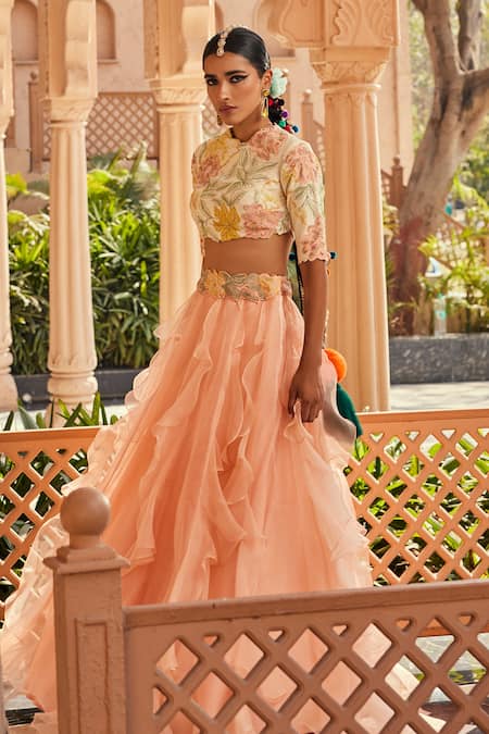 Anu Pellakuru_Off White Silk, Organza Embroidery Round Neck Peach And Fusion Lehenga Set _at_Aza_Fashions