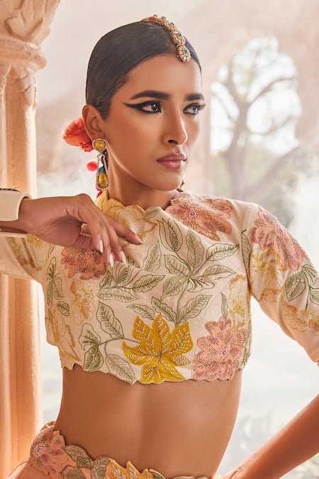 Buy_Anu Pellakuru_Off White Silk, Organza Embroidery Round Neck Peach And Fusion Lehenga Set 