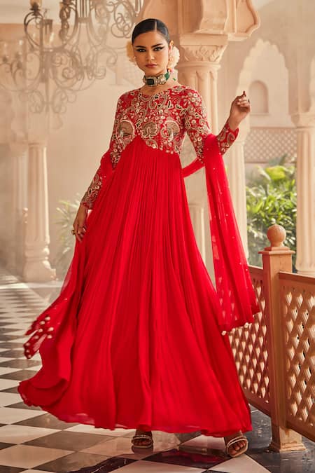 Anu Pellakuru_Red Silk, Chiffon, Net Sequins, Embroidery Round Neck Anarkali Set _Online_at_Aza_Fashions