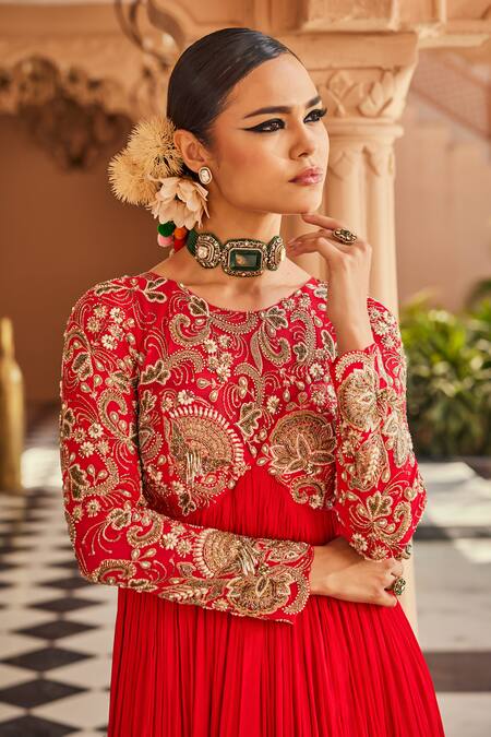 Buy_Anu Pellakuru_Red Silk, Chiffon, Net Sequins, Embroidery Round Neck Anarkali Set _Online_at_Aza_Fashions