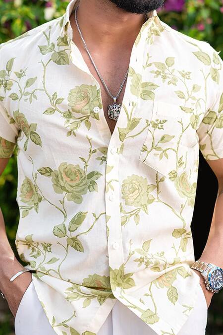 Aryavir Malhotra_Green Cotton Floral Print Pure Shirt _Online_at_Aza_Fashions
