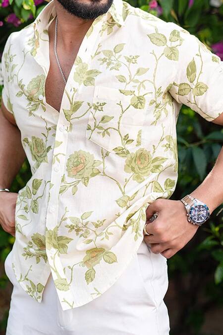 Buy_Aryavir Malhotra_Green Cotton Floral Print Pure Shirt _Online_at_Aza_Fashions