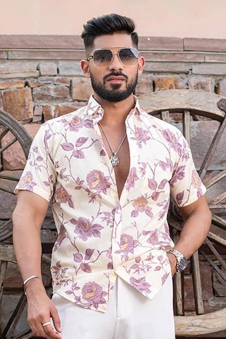 Shop Aryavir Malhotra Pink Cotton Floral Vine Printed Shirt at Aza Fashions Shop_Aryavir Malhotra_Pink Cotton Floral Vine Printed Shirt _at_Aza_Fashions