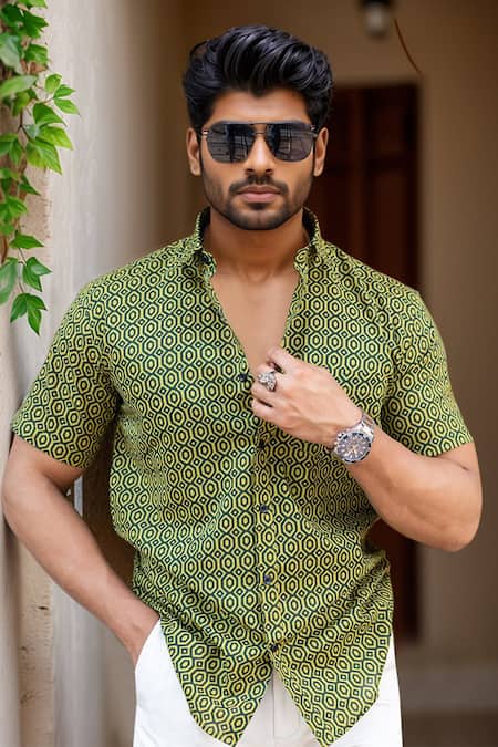 Aryavir Malhotra Green Cotton Geometric Print Pure Shirt 