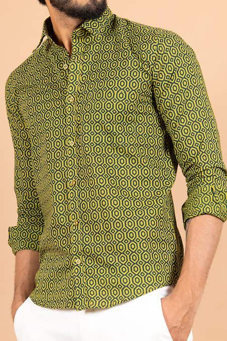 Shop Aryavir Malhotra Green Cotton Geometric Print Shirt at Aza Fashions Shop_Aryavir Malhotra_Green Cotton Geometric Print Shirt _at_Aza_Fashions