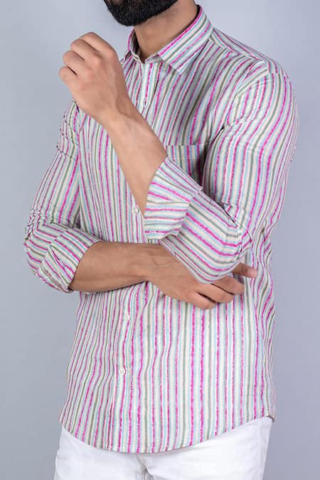 Aryavir Malhotra_Multi Color Cotton Multi-color Stripe Print Shirt _Online_at_Aza_Fashions