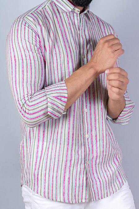 Buy_Aryavir Malhotra_Multi Color Cotton Multi-color Stripe Print Shirt _Online_at_Aza_Fashions