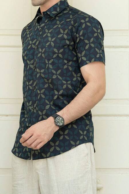 Aryavir Malhotra Blue Cotton Abstract Print Shirt Online at Aza Fashions Aryavir Malhotra_Blue Cotton Abstract Print Shirt _Online_at_Aza_Fashions