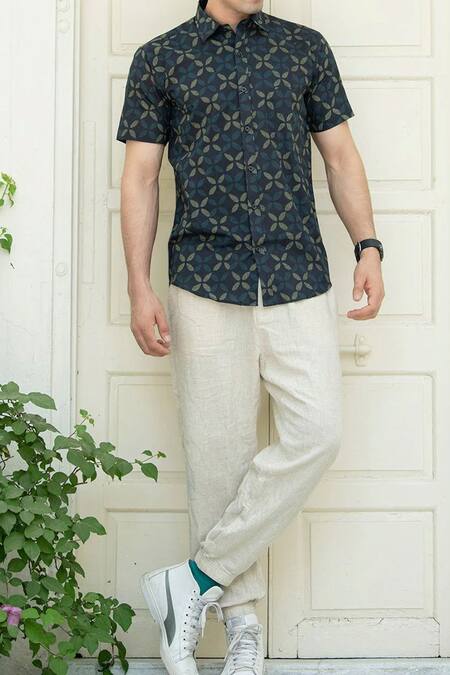 Shop Aryavir Malhotra Blue Cotton Abstract Print Shirt Shop_Aryavir Malhotra_Blue Cotton Abstract Print Shirt