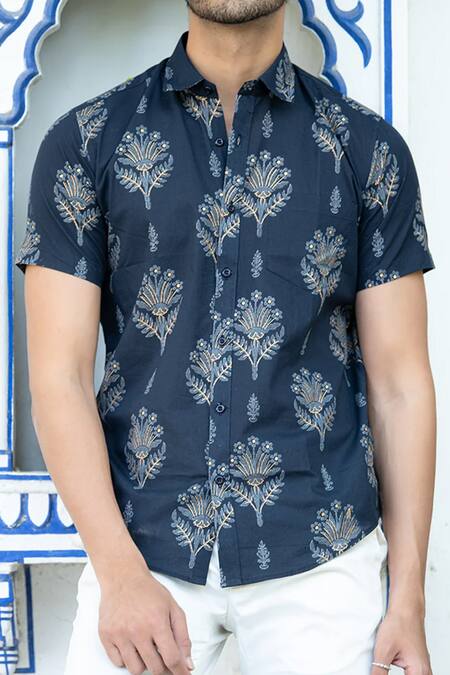 Aryavir Malhotra Blue Cotton Embroidery Floral Bloom Print Shirt Online at Aza Fashions Aryavir Malhotra_Blue Cotton Embroidery Floral Bloom Print Shirt _Online_at_Aza_Fashions