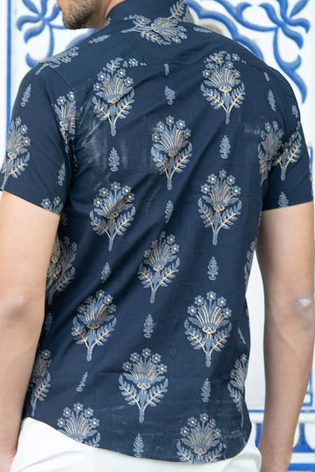 Shop Aryavir Malhotra Blue Cotton Embroidery Floral Bloom Print Shirt at Aza Fashions Shop_Aryavir Malhotra_Blue Cotton Embroidery Floral Bloom Print Shirt _at_Aza_Fashions