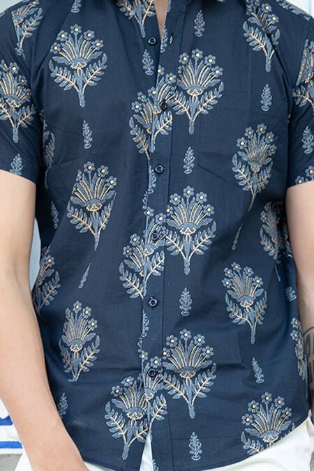 Shop Aryavir Malhotra Blue Cotton Embroidery Floral Bloom Print Shirt Online at Aza Fashions Shop_Aryavir Malhotra_Blue Cotton Embroidery Floral Bloom Print Shirt _Online_at_Aza_Fashions