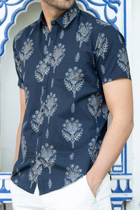 Aryavir Malhotra Blue Cotton Embroidery Floral Bloom Print Shirt at Aza Fashions Aryavir Malhotra_Blue Cotton Embroidery Floral Bloom Print Shirt _at_Aza_Fashions