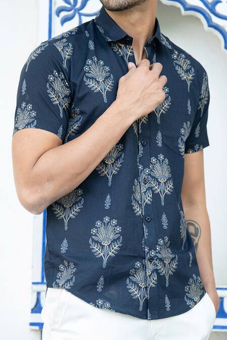 Buy Aryavir Malhotra Blue Cotton Embroidery Floral Bloom Print Shirt Buy_Aryavir Malhotra_Blue Cotton Embroidery Floral Bloom Print Shirt