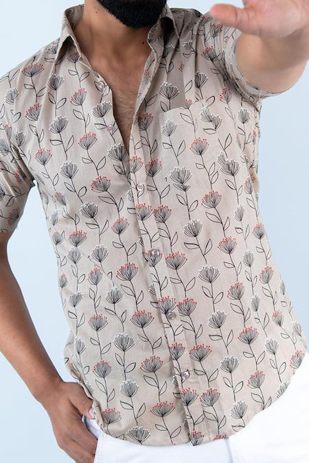 Aryavir Malhotra_Beige Cotton Floral Blossom Print Shirt _Online_at_Aza_Fashions