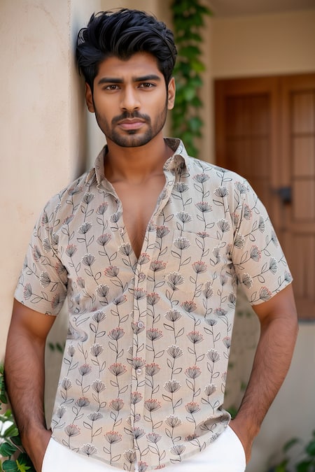 Buy_Aryavir Malhotra_Beige Cotton Floral Blossom Print Shirt _Online_at_Aza_Fashions