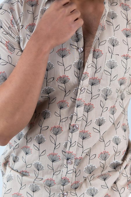 Aryavir Malhotra_Beige Cotton Floral Blossom Print Shirt _at_Aza_Fashions