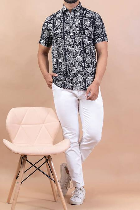 Aryavir Malhotra_Black Cotton Floret Printed Pure Shirt_Online_at_Aza_Fashions