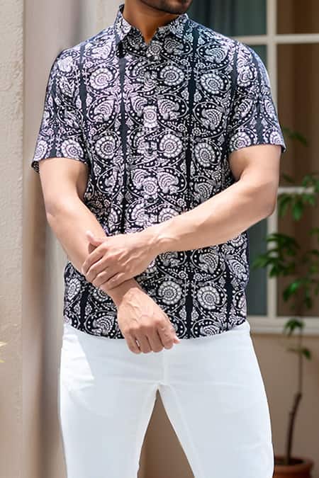 Buy_Aryavir Malhotra_Black Cotton Floret Printed Pure Shirt_Online_at_Aza_Fashions