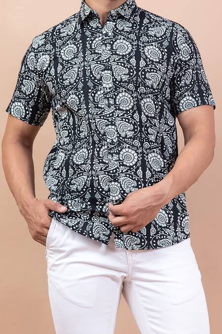 Shop_Aryavir Malhotra_Black Cotton Floret Printed Pure Shirt_Online_at_Aza_Fashions