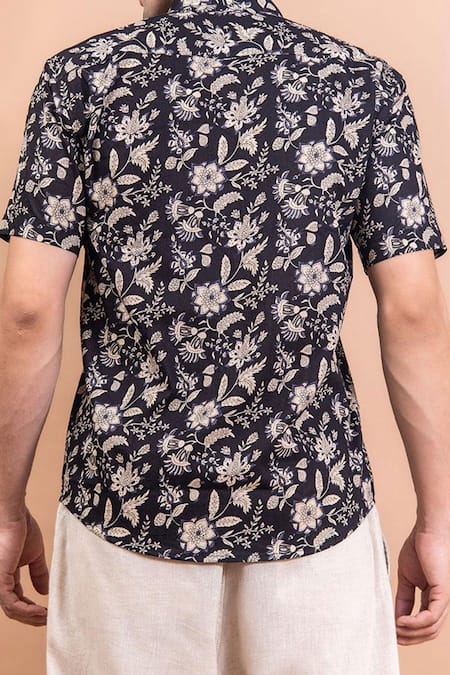 Shop Aryavir Malhotra Black Cotton Blossom Print Shirt at Aza Fashions Shop_Aryavir Malhotra_Black Cotton Blossom Print Shirt _at_Aza_Fashions