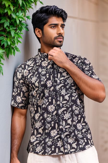 Aryavir Malhotra Black Cotton Blossom Print Shirt 