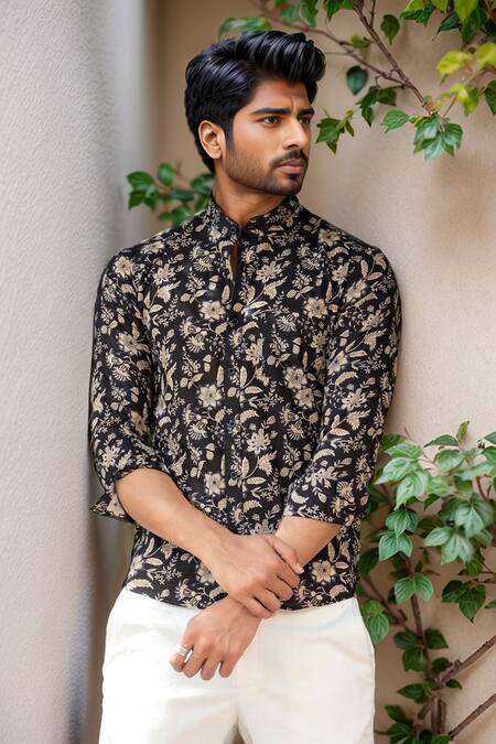 Aryavir Malhotra Black Cotton Blossom Print Shirt Online at Aza Fashions Aryavir Malhotra_Black Cotton Blossom Print Shirt _Online_at_Aza_Fashions