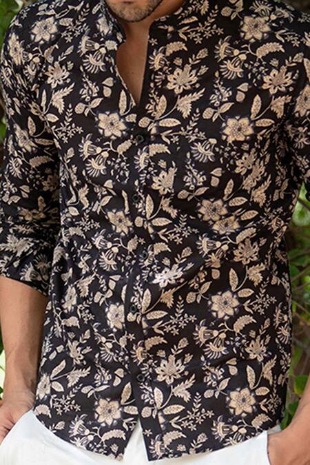 Shop Aryavir Malhotra Black Cotton Blossom Print Shirt Online at Aza Fashions Shop_Aryavir Malhotra_Black Cotton Blossom Print Shirt _Online_at_Aza_Fashions