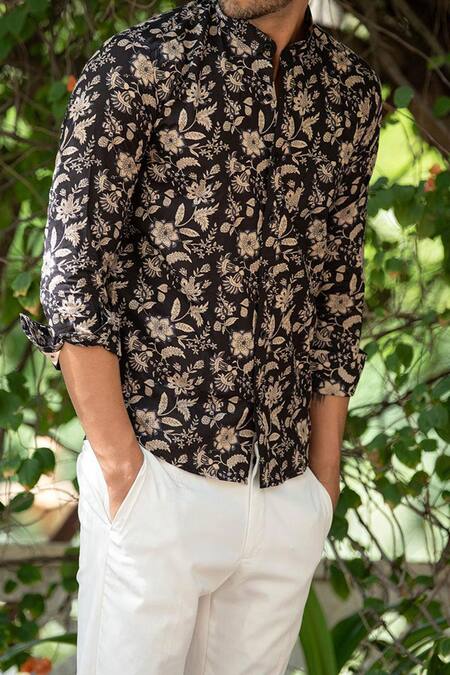 Aryavir Malhotra Black Cotton Blossom Print Shirt at Aza Fashions Aryavir Malhotra_Black Cotton Blossom Print Shirt _at_Aza_Fashions