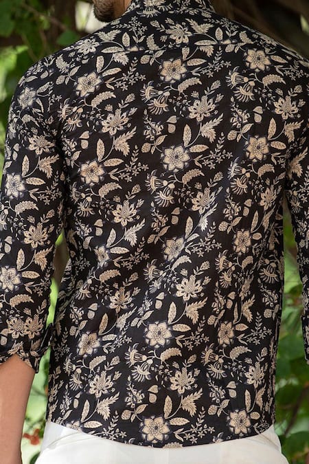 Shop Aryavir Malhotra Black Cotton Blossom Print Shirt at Aza Fashions Shop_Aryavir Malhotra_Black Cotton Blossom Print Shirt _at_Aza_Fashions