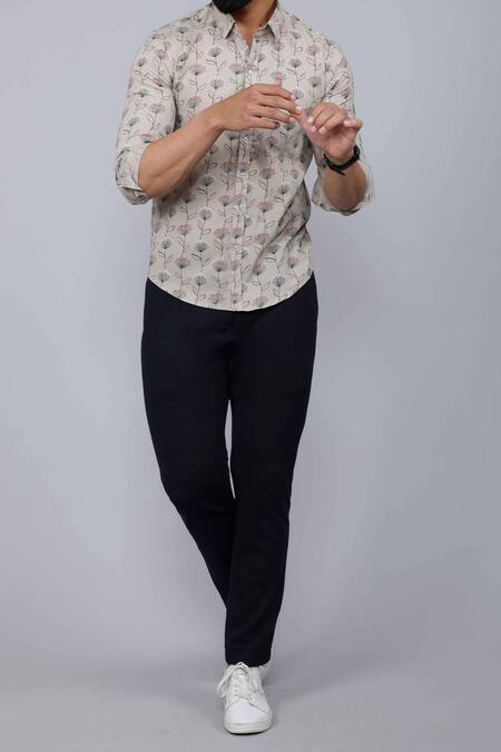 Buy_Aryavir Malhotra_Beige Cotton Blooming Print Casual Shirt _Online_at_Aza_Fashions