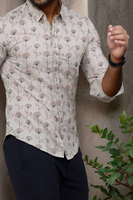 Aryavir Malhotra_Beige Cotton Blooming Print Casual Shirt _at_Aza_Fashions