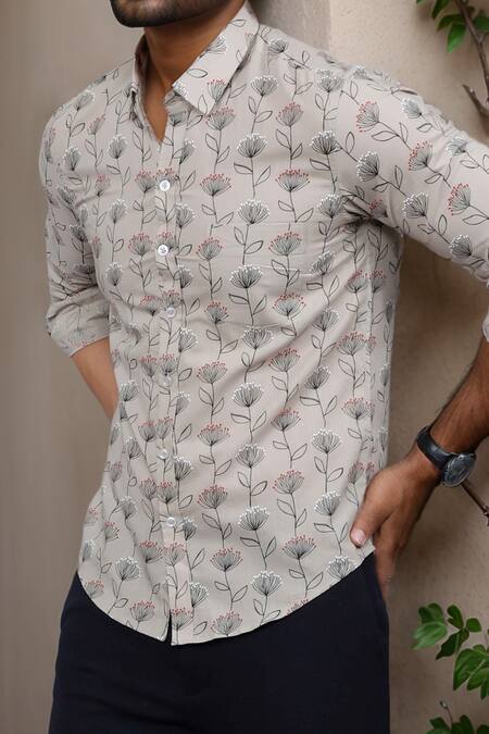 Buy_Aryavir Malhotra_Beige Cotton Blooming Print Casual Shirt 