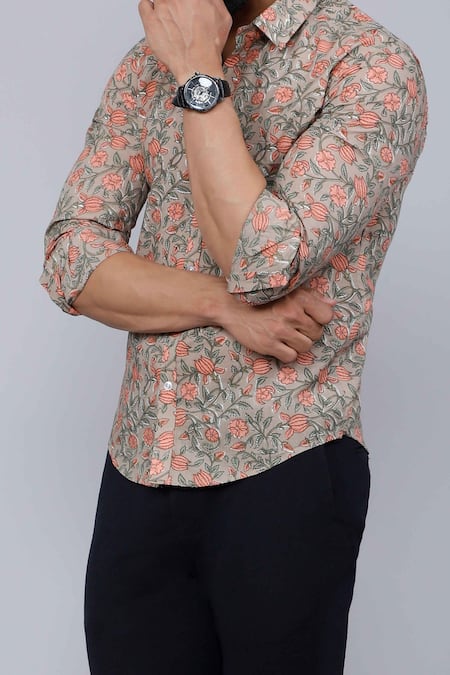 Buy Aryavir Malhotra Brown Cotton Floral Vine Print Casual Shirt Online at Aza Fashions Buy_Aryavir Malhotra_Brown Cotton Floral Vine Print Casual Shirt _Online_at_Aza_Fashions