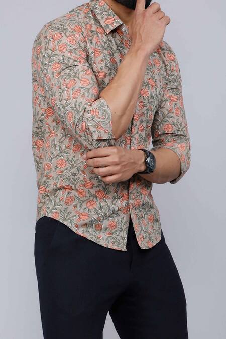 Shop Aryavir Malhotra Brown Cotton Floral Vine Print Casual Shirt Online at Aza Fashions Shop_Aryavir Malhotra_Brown Cotton Floral Vine Print Casual Shirt _Online_at_Aza_Fashions