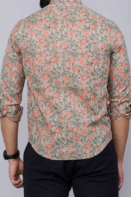 Shop Aryavir Malhotra Brown Cotton Floral Vine Print Casual Shirt at Aza Fashions Shop_Aryavir Malhotra_Brown Cotton Floral Vine Print Casual Shirt _at_Aza_Fashions