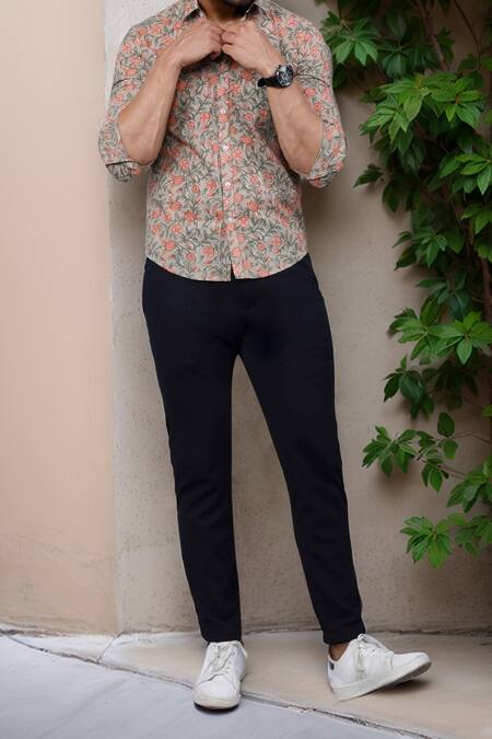 Aryavir Malhotra Brown Cotton Floral Vine Print Casual Shirt at Aza Fashions Aryavir Malhotra_Brown Cotton Floral Vine Print Casual Shirt _at_Aza_Fashions
