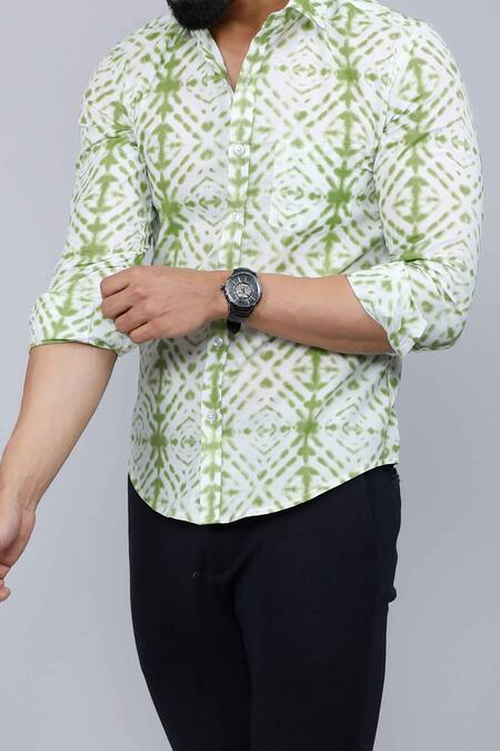 Buy Aryavir Malhotra Green Cotton Tie-dye Geometric Print Shirt Online at Aza Fashions Buy_Aryavir Malhotra_Green Cotton Tie-dye Geometric Print Shirt _Online_at_Aza_Fashions