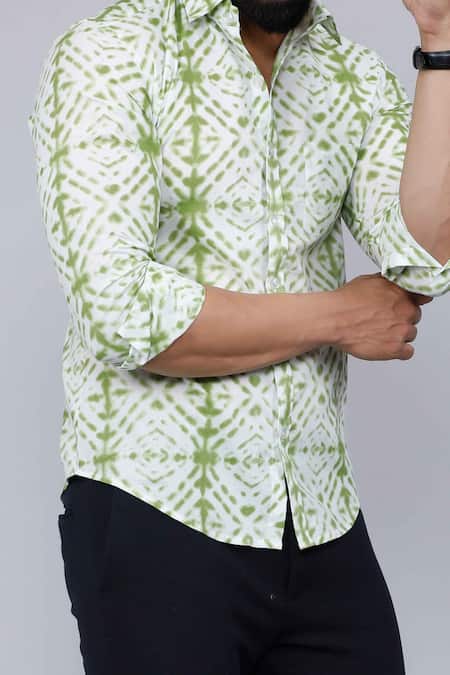 Shop Aryavir Malhotra Green Cotton Tie-dye Geometric Print Shirt Online at Aza Fashions Shop_Aryavir Malhotra_Green Cotton Tie-dye Geometric Print Shirt _Online_at_Aza_Fashions
