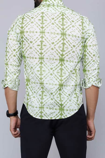 Shop Aryavir Malhotra Green Cotton Tie-dye Geometric Print Shirt at Aza Fashions Shop_Aryavir Malhotra_Green Cotton Tie-dye Geometric Print Shirt _at_Aza_Fashions